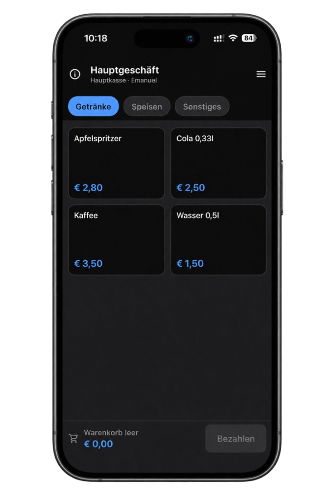 Sublite POS Kasse mit Produktkarten auf dem iPhone