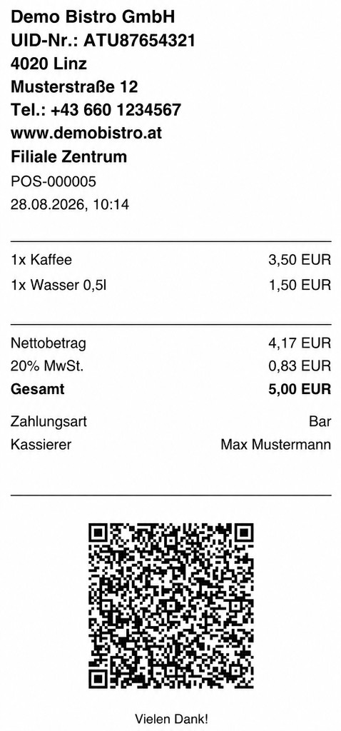 Fiskalisierter Sublite-POS-Beleg mit Firmendaten, Positionen, MwSt.-Ausweis und RKSV-QR-Code